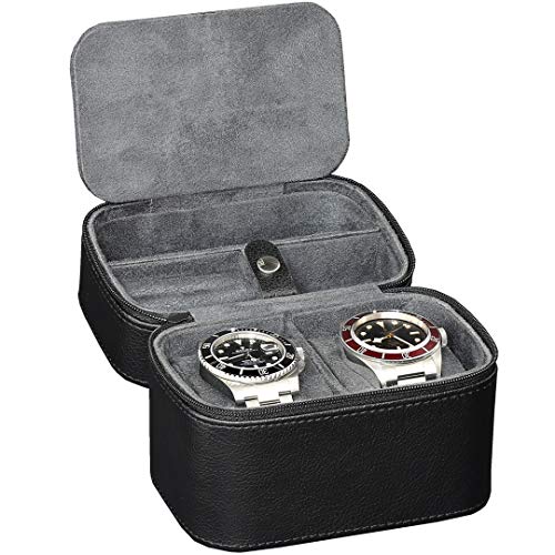 ROTHWELL 2 Watch Travel Case Storage Organizer for 2 Watches | Tough Portable Protection w/Zipper Fits All Wristwatches & Smart Watches Up to 50mm (Black/Grey) - color: Black/Grey - w/ Accessory Lid