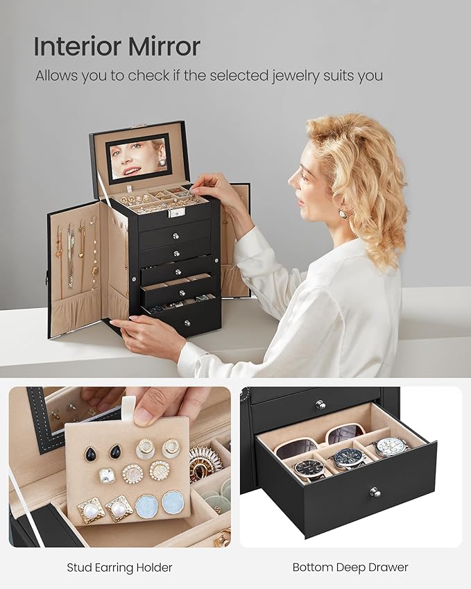 SONGMICS Jewelry Box Organizer, 6-Layer with 5 Drawers, Black | Jewelry Storage Case with Lock and Mirror, Large Storage Capacity, for Necklaces, Watches, Gift for Loved Ones UJBC152B01