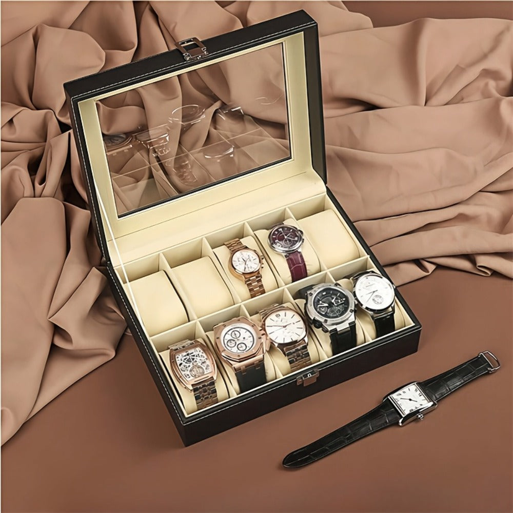 Jewelry Box - Watch Box 10 / 12 Slot Large Glass Lid - Watch Case Organizer with Removable Watch Pillows
