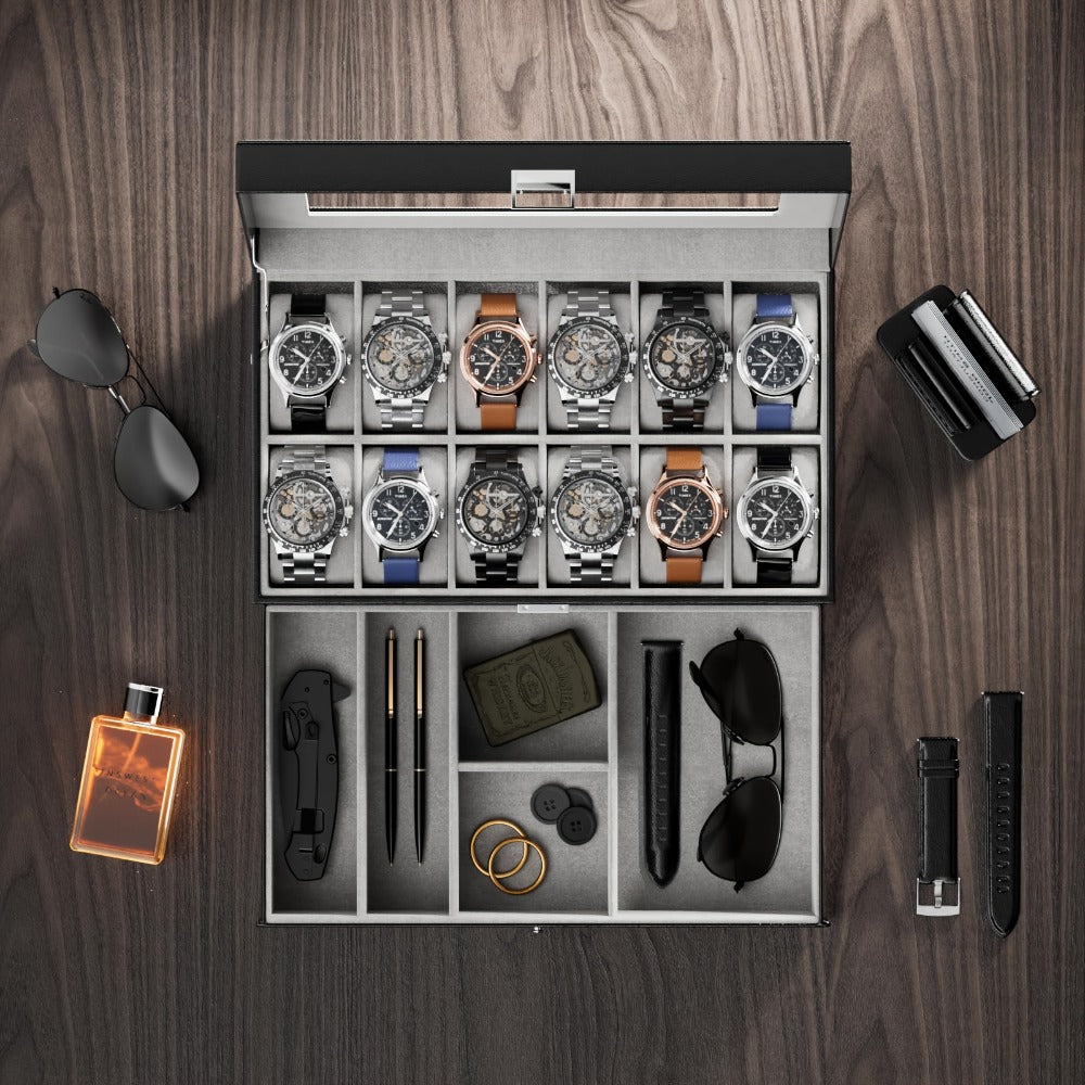 Watch Box Collection with 10-Slot and 12-Slot Single-Layer Cases plus Brown or Black Drawer Styles